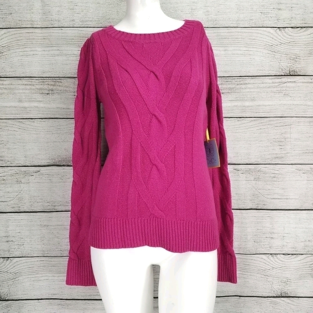 NWT Cece XS Crewneck Sweater Pullover Cable knit Passion Pink Cotton Casual Fall